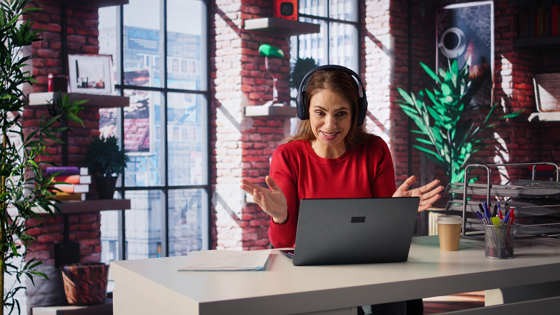 Professional confidently presenting on a live video call
