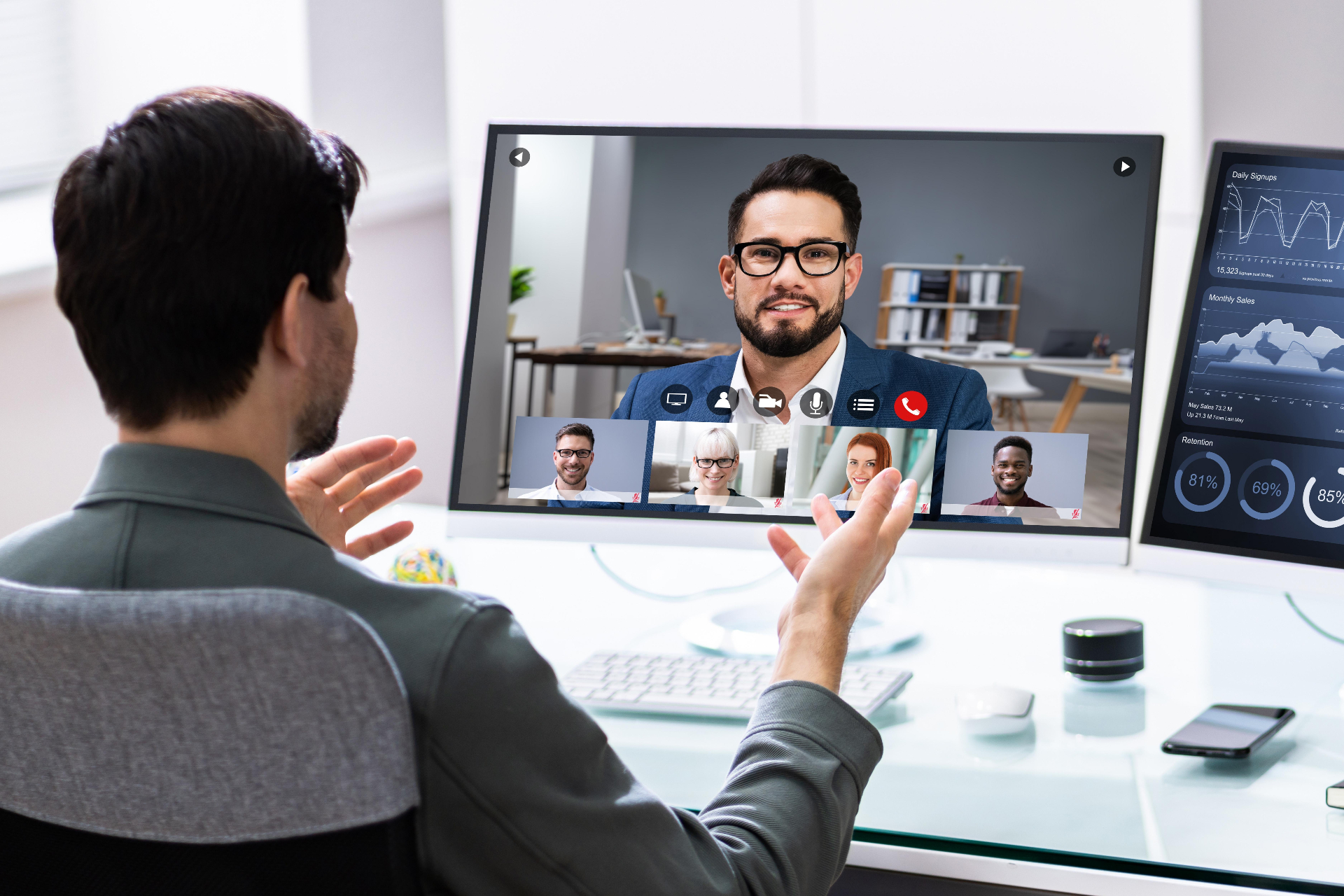 Professional in a live video conference with analytics