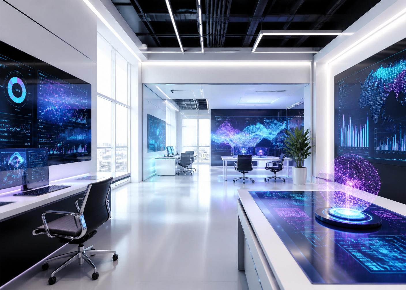 Futuristic BrandMo Academy lab with marketing analytics and AI dashboards