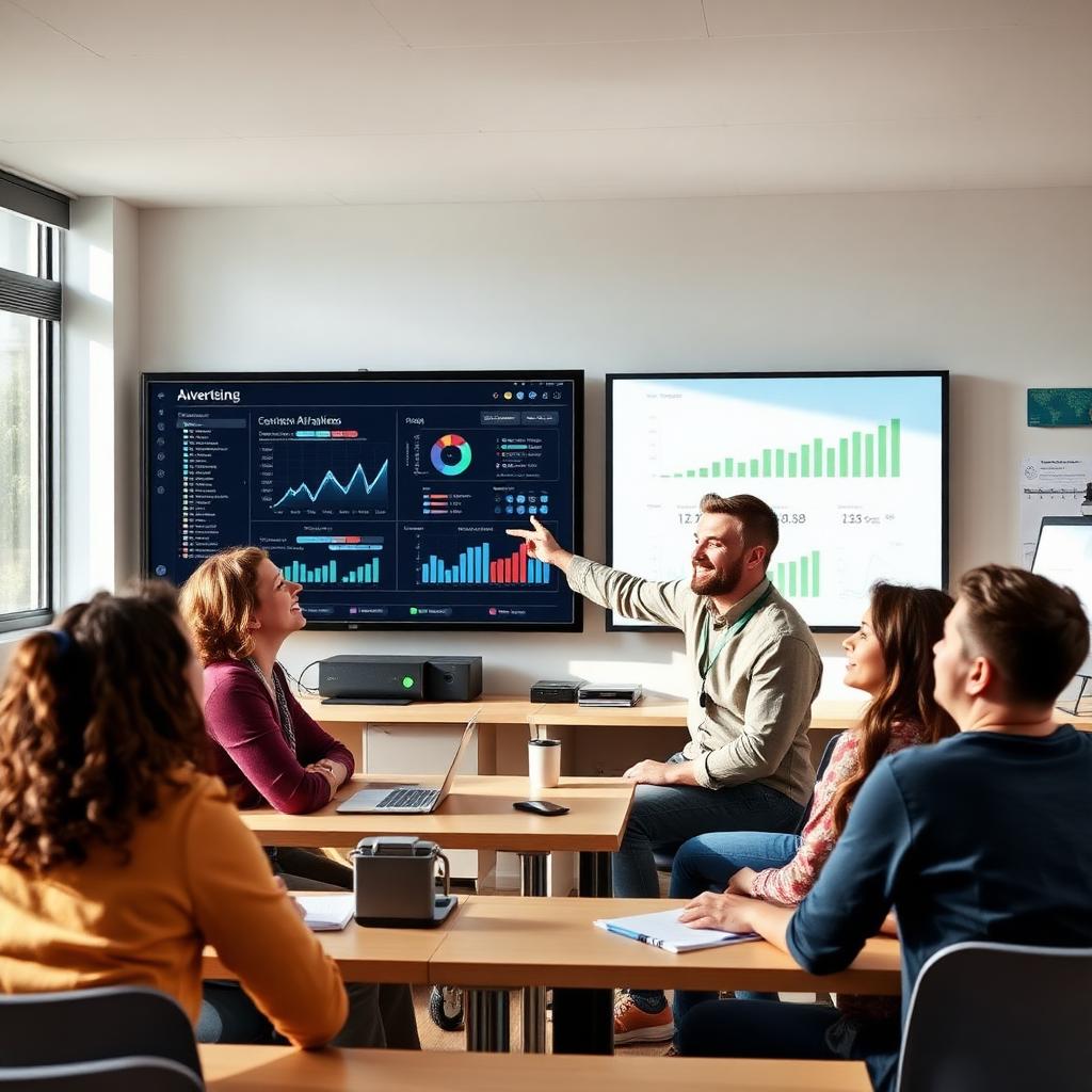 Mentor teaching students with live advertising analytics
