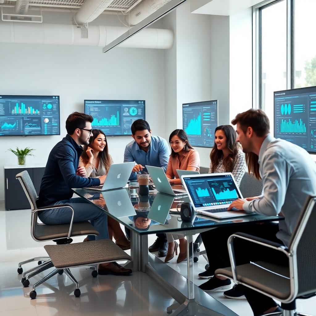 Diverse marketing team collaborating around data dashboards
