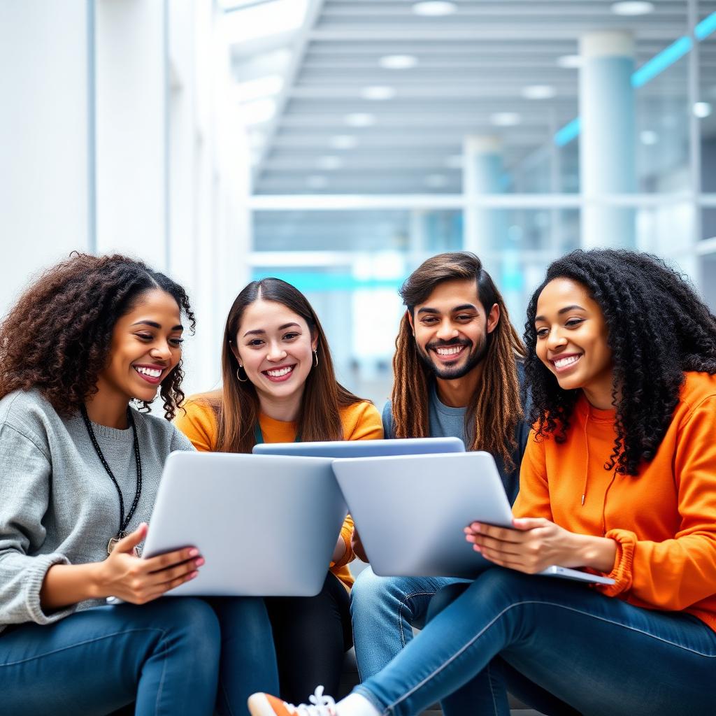 Happy diverse students learning together